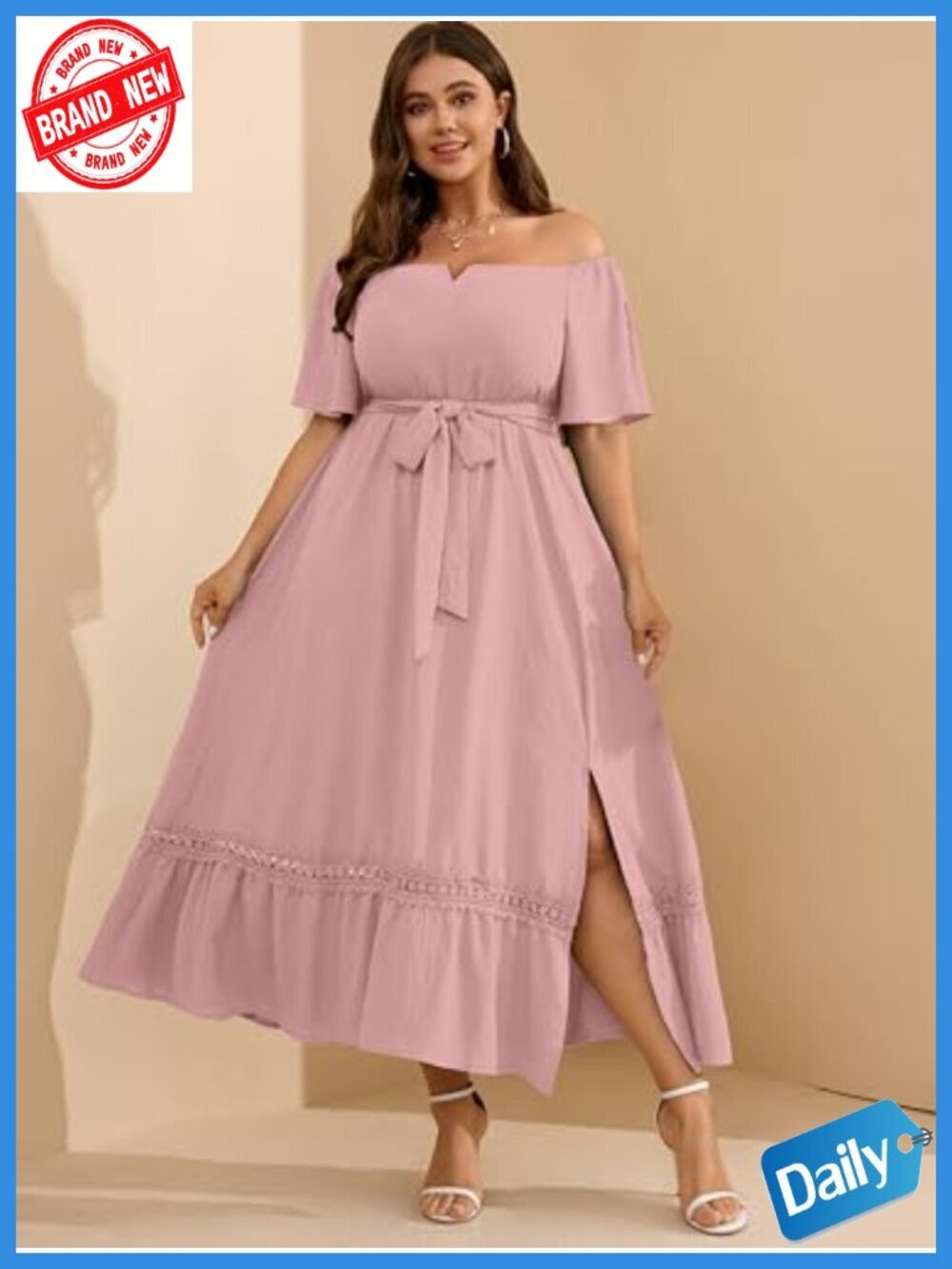 Plus Size Off Shoulder Maxi Dress Wedding Guest V-Neck A-Line Flowy Side Split - Picture 4 of 6